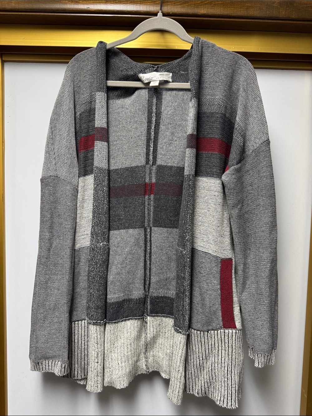 Open-Front Gray Striped Cardigan with Burgundy Accents